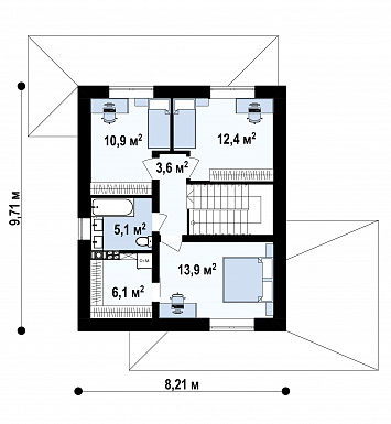 Проект двухэтажного загородного дома с кабинетом, зоной кухни с окном, гостиной с выходом на крытую террасу / План 2 этажа