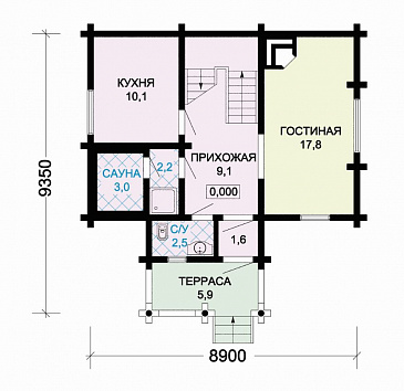 Проект деревянного дома  из оцилиндрованного бревна с мансардным окном / План 1 этажа
