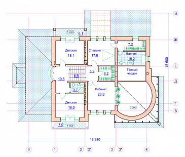 Проект коттеджа с круглой двусветной гостиной и гаражом / План 2 этажа