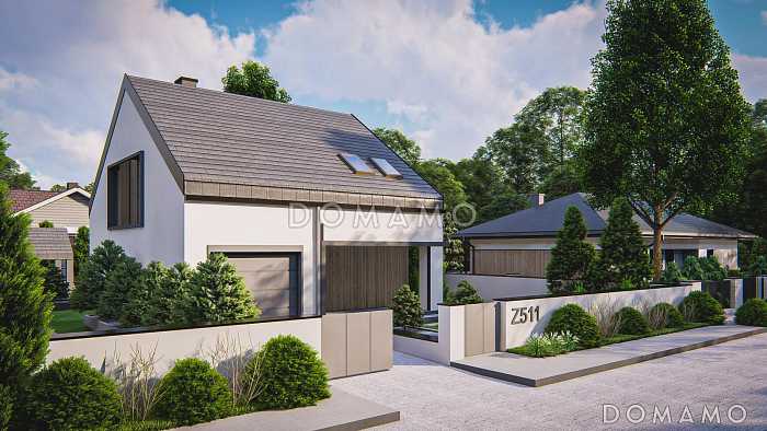 Проект комфортного загородного дома с панорамным остеклением гостиной, гаражом, кладовой и мастер-спальней на мансарде