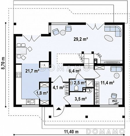 Проект одноэтажного мансардного дома из кирпича с кабинетом и тремя комнатами / План 1 этажа