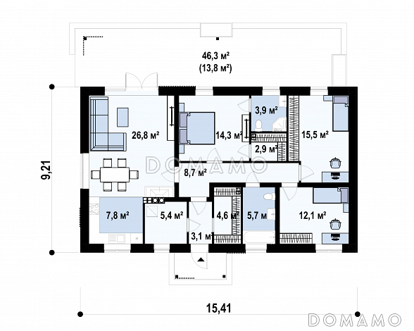 Проект одноэтажного загородного дома с удобной планировкой, мастер-спальней, ванной с окном, террасой / План 1 этажа