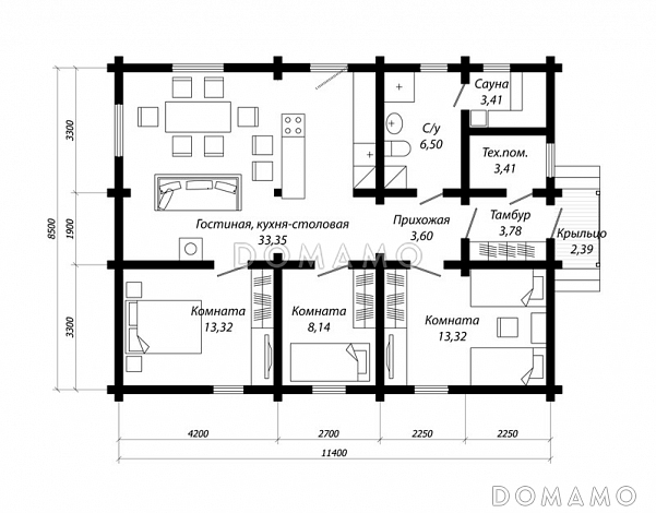 Проект дома из бруса для сезонного проживания / План 1 этажа
