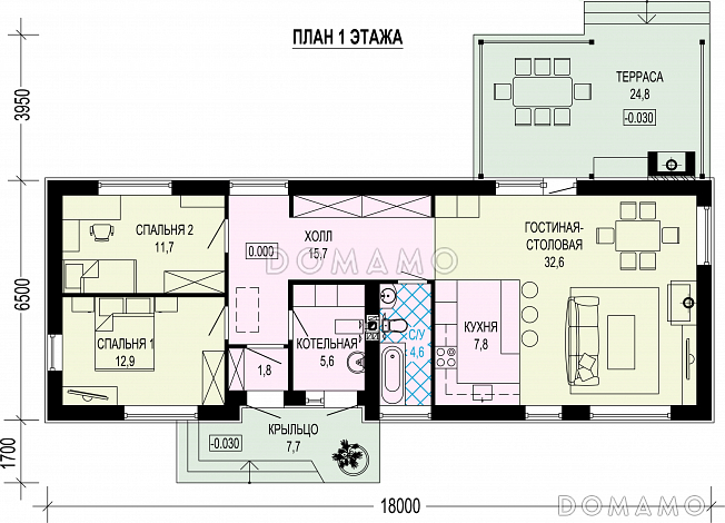 Проект одноэтажного газобетонного дома с барбекю на террасе и двумя спальнями / План 1 этажа