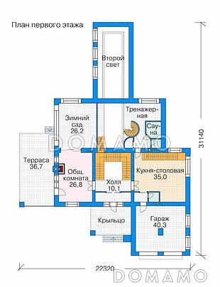 Проект комфортабельного дома с большим бассейном, бильярдной, домашним кинотеатром, тренажерным залом и зимним садом / План 1 этажа