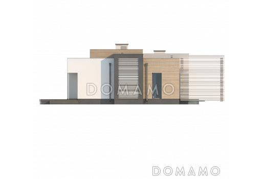 Проект одноэтажного дома из кирпича с плоской крышей, большой площадью остекления и крытой террасой, увеличенная версия / Фасад 4