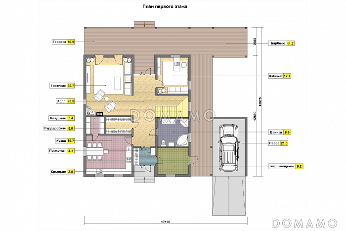 Проект каркасного современного дома с изолированной кухней / План 1 этажа