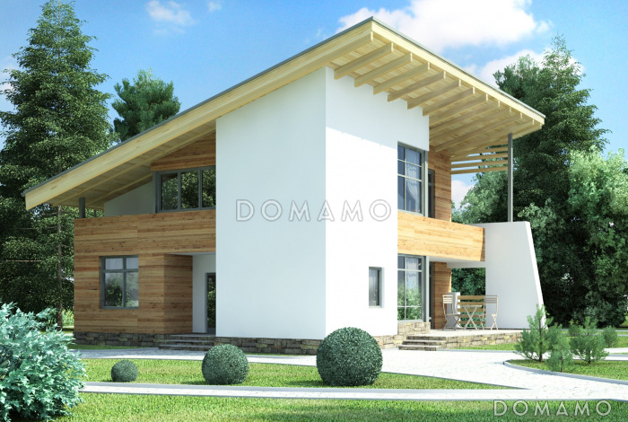 Проект дома с односкатной крышей, панорамными окнами, кухней с выступом для рабочей зоны, просторной гостиной, двумя балконами