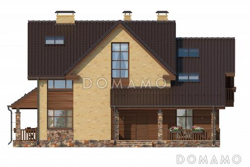 Проект дома с просторной гостиной и кухней столовой, террасой с барбекю, зимним садом, двумя балконами,  / Фасад 3