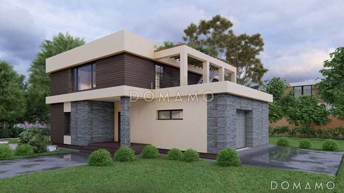 Проект загородного дома с плоской кровлей в стиле хай-тек S-228