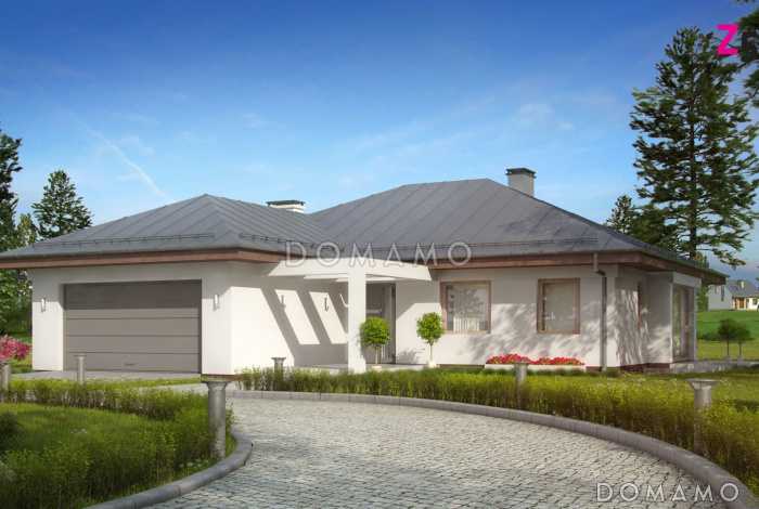 Проект одноэтажного дома из кирпича с окнами до пола в дневной и ночной зоне и с большим гаражом и техническим помещением