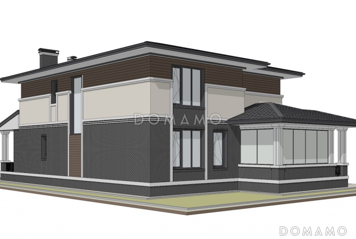 Проект двухэтажного дома в стиле Райта с кухней-столовой, застекленной террасой, постирочной на втором этаже