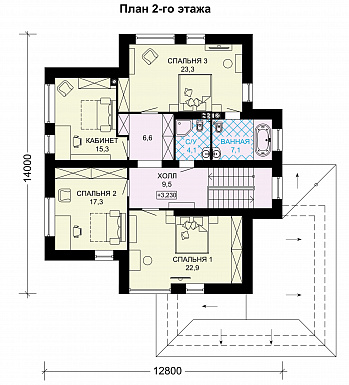 Проект двухэтажного дома из газобетона с окнами в пол в гостиной / План 2 этажа