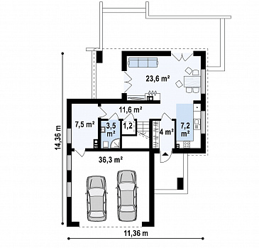 Проект современного двухэтажного дома из кирпича в стиле кубизм с пристроенным гаражом для двух автомобилей / План 1 этажа