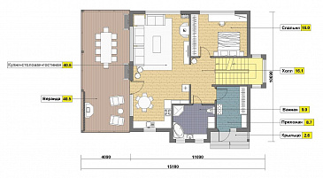 Проект дома из газобетона с цокольным этажом и небольшим бассейном / План 1 этажа
