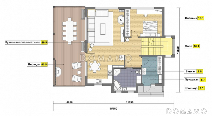 Проект дома из газобетона с цокольным этажом и небольшим бассейном / План 1 этажа