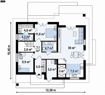 Проект одноэтажного дома с обустроенной мансардой из газобетона с пятью спальнями  / План 1 этажа