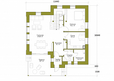 Проект коттеджа с двусветной гостиной и террасой. / План 1 этажа