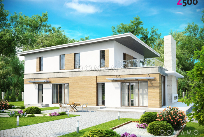 Проект современного двухэтажного дома из газобетона с плоской крышей,  с четырьмя спальнями, просторным кабинетом и гаражом 