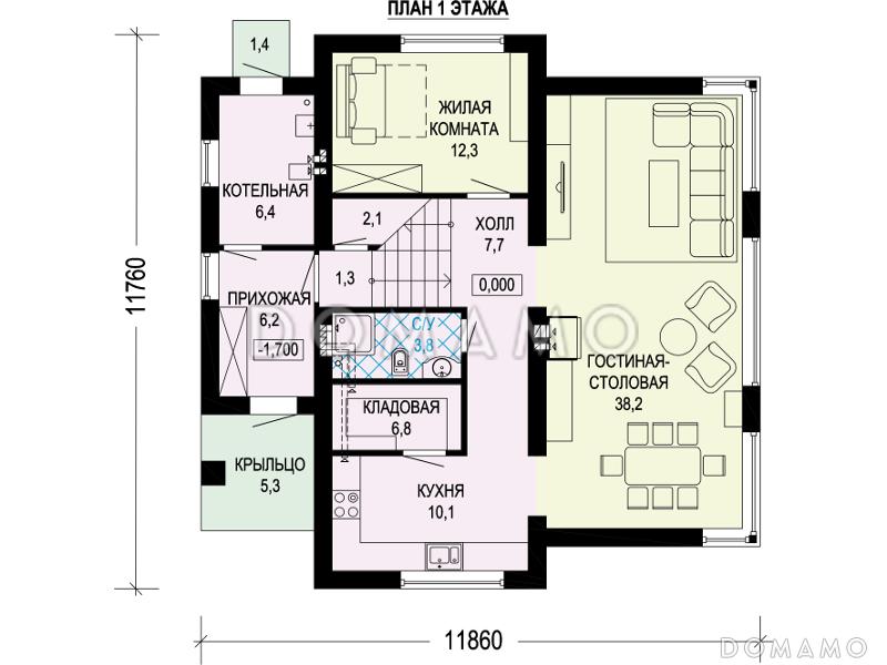 Проект просторного двухэтажного дома из пенобетона и кирпича с пятью комнатами / План 1 этажа