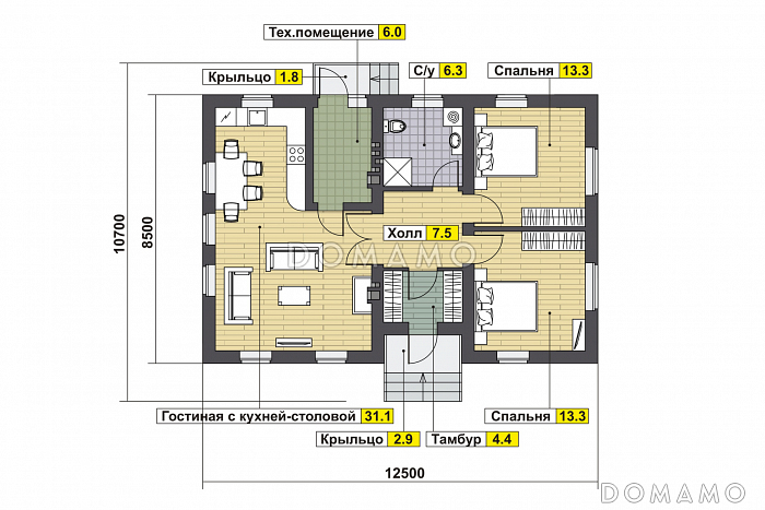Проект дома по технологии ЛСТК с гостиной, кухней-столовой, спальнями / План 1 этажа