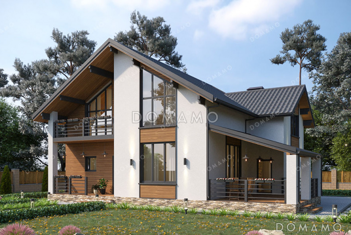 Проект дома с 4 спальнями, высокими окнами и крытой террасой