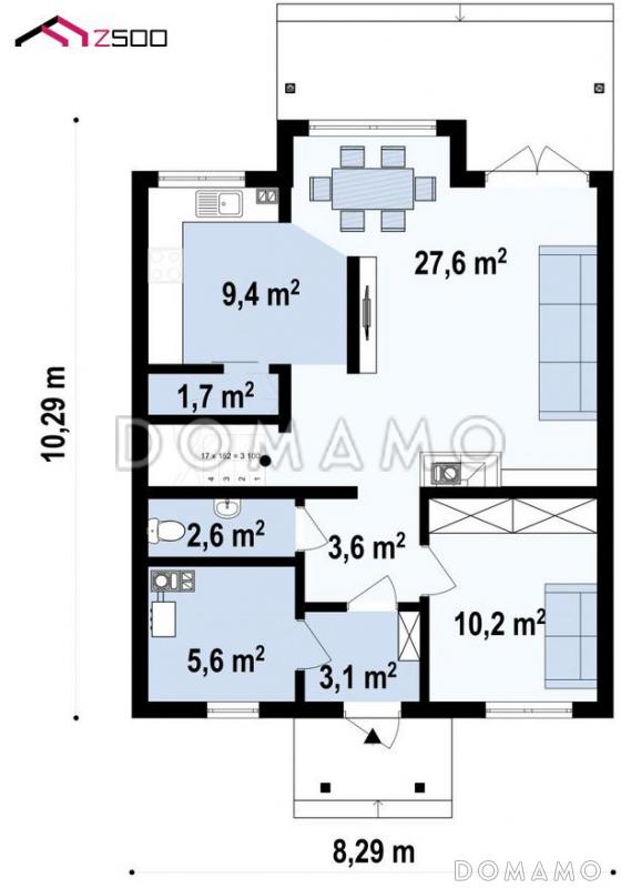 Проект загородного дома с террасой, балконом, кладовой, просторной ванной / План 1 этажа