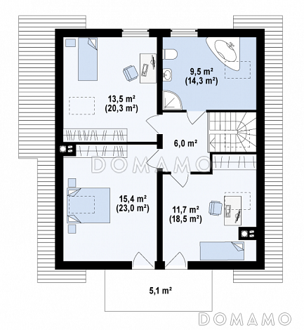 Проект одноэтажного мансардного дома из кирпича с эркером и большой площадью остекления в гостиной / План мансардного этажа