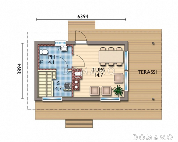 Проект каркасной сауны с большой террасой / План 1 этажа