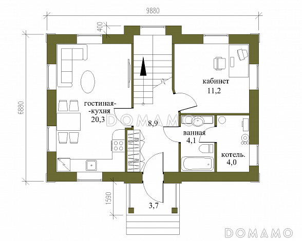 Проект небольшого двухэтажного особняка из SIP панелей с парадным фасадом / План 1 этажа