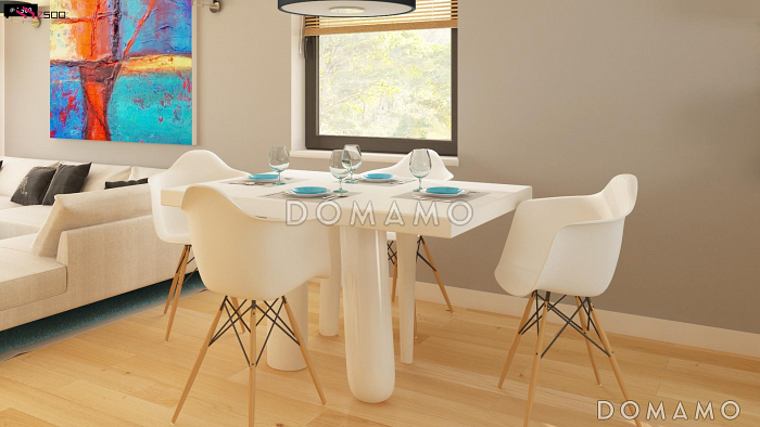 Проект одноэтажного дома из газобетона с кирпичными фасадами с тремя спальнями, светлой гостиной и угловым окном в кухне