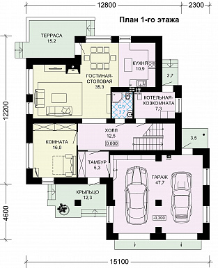 Проект двухэтажного дома из газобетона с окнами в пол в гостиной / План 1 этажа