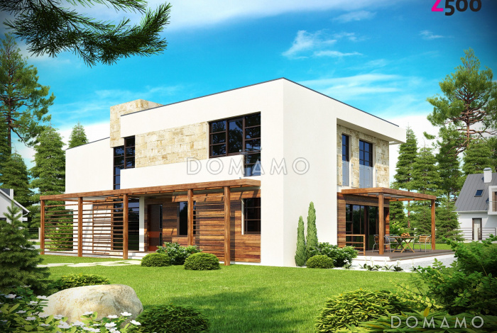 Проект трехэтажного дома в стиле хай-тек с гаражом на две машины и балконом над ним