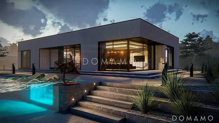 Проект одноэтажного дома из газобетона с просторной гостиной, мастер-спальней и гаражом на 2 машины