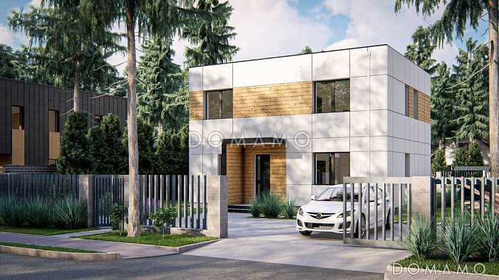 Проект загородного двухэтажного дома с террасой, комнатой на первом этаже, санузлом под лестницей