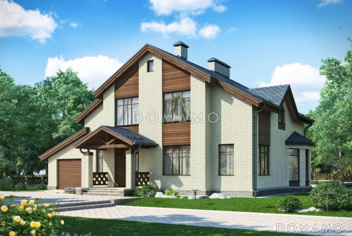 Проект дома с гаражом на две машины и кабинетом на мансардном этаже