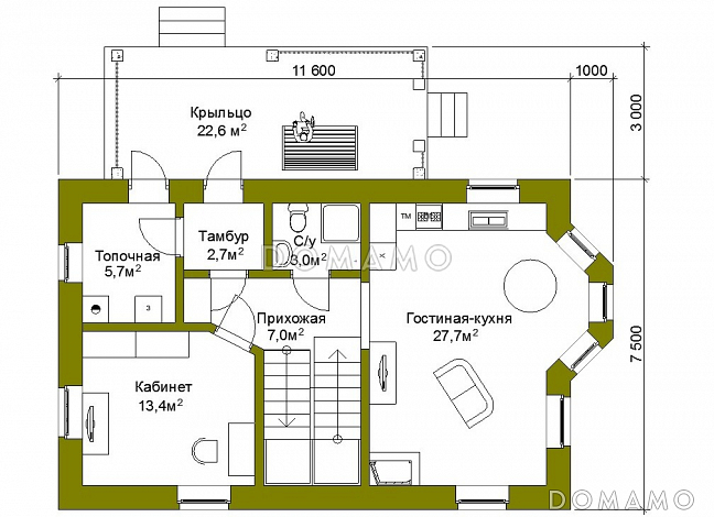 Проект компактного коттеджа из кирпича с балконом. / План 1 этажа