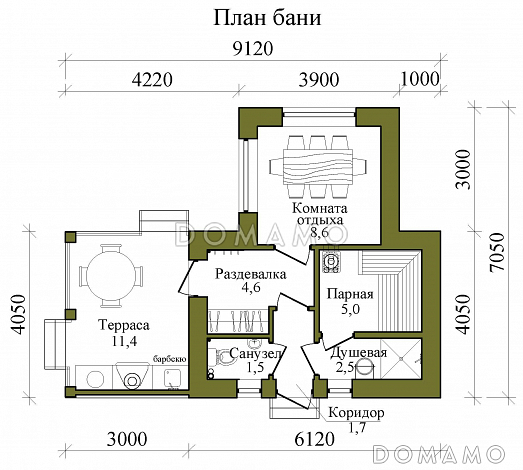 План каркасной бани с барбекю в средневековом английском стиле / План 1 этажа