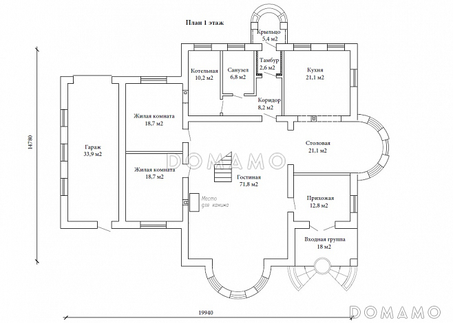 Проект двухэтажного дома в византийском стиле из газобетона с двумя круглыми эркерами и гаражом / План 1 этажа