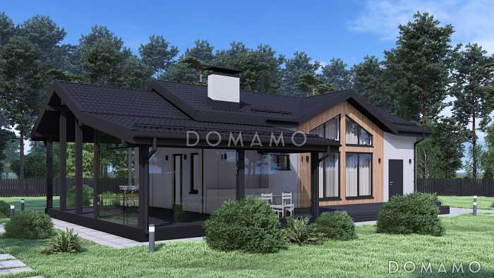 Проект современной бани с просторной гостиной и большой террасой S-93