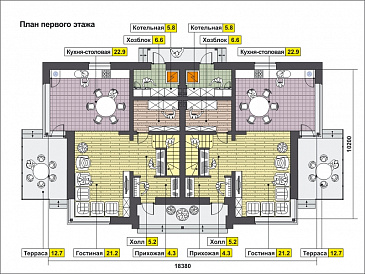 Проект дома на две семьи с террасой, котельной, кухней-столовой и большой гостиной, кабинетом / План 1 этажа