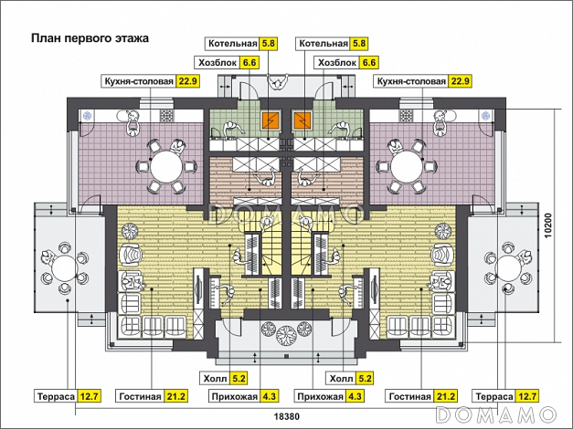 Проект дома на две семьи с террасой, котельной, кухней-столовой и большой гостиной, кабинетом / План 1 этажа