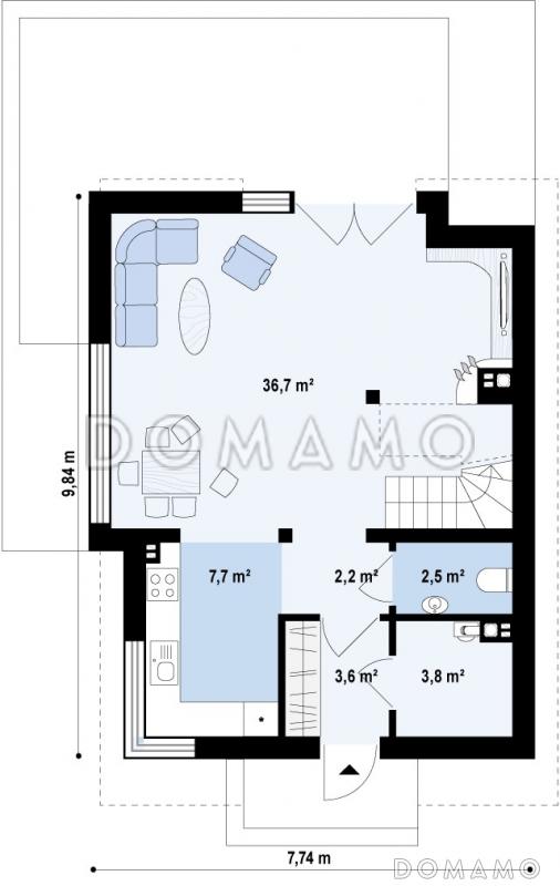 Проект компактного одноэтажного мансардного дома из газобетона с просторной светлой гостиной / План 1 этажа