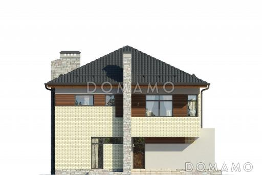 Проект загородного дома с просторной гостиной с камином, террасой, сауной на первом этаже, балконом / Фасад 1