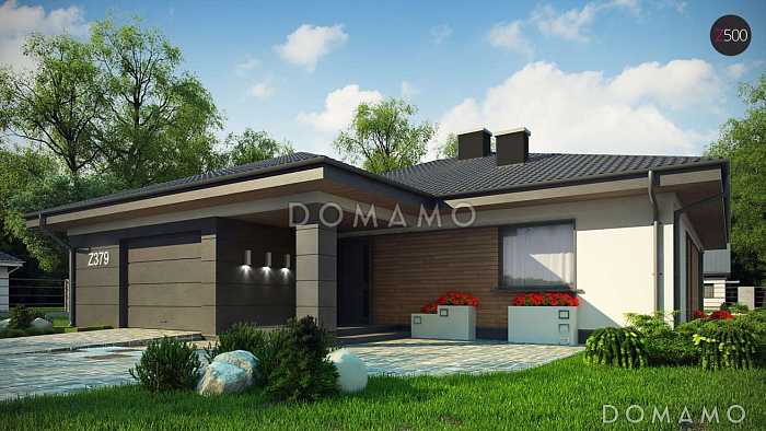 Проект просторного одноэтажного дома из кирпича с тремя спальнями, кабинетом и гаражом