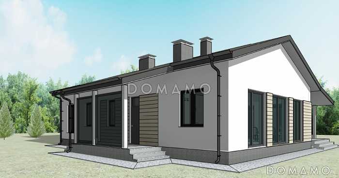 Проект одноэтажного загородного дома с тремя спальнями и большой гостиной с окнами в пол