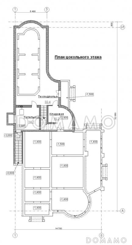 Проект коттеджа с двусветной гостиной и бассейном с сауной / План цокольного этажа