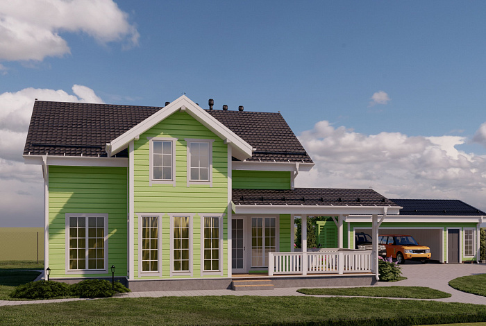 Проект каркасного дома с мансардой, 5 спальнями, гостиной-столовой и крытой террасой