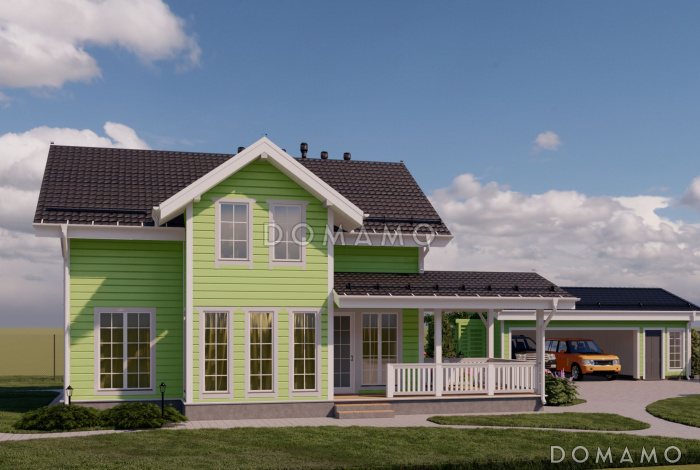 Проект каркасного дома с мансардой, 5 спальнями, гостиной-столовой и крытой террасой