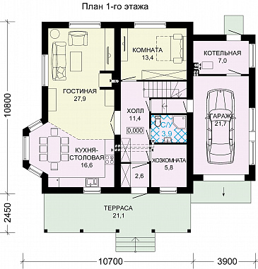 Проект дома из пенобетона с гаражом для одного автомобиля / План 1 этажа